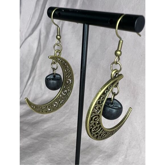 Handmade Bronze Dangly Moon Earrings With Vintage Black Buttons - Picture 2 of 3